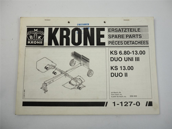 Krone KS 6.80-13.00 Duo Uni III 13.00 Duo II Schwader Ersatzteiliste 1994