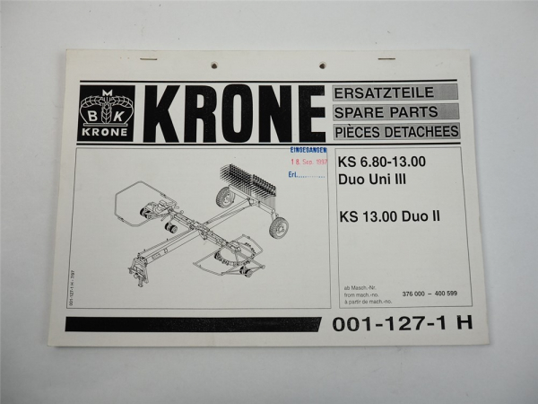 Krone KS 6.80-13.00 Duo Uni III 13.00 Duo II Schwader Ersatzteiliste 1997