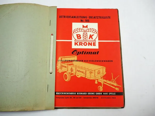 Krone Optimat Stalldungstreuer Betriebsanleitung Ersatzteilliste ab 1959