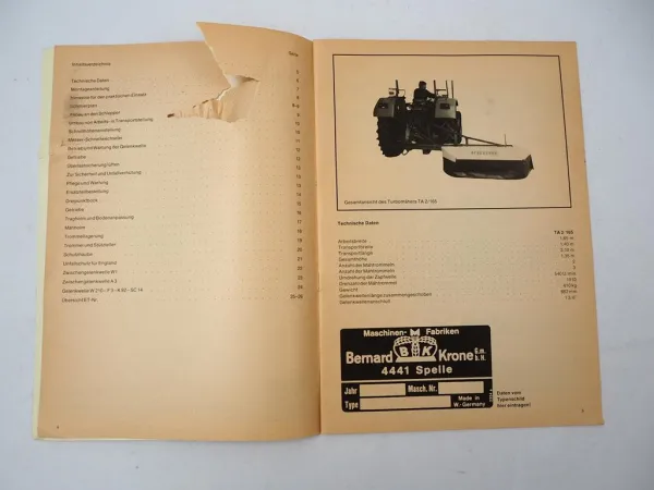 Krone TA2/165 Turbomäher Betriebsanleitung Ersatzteilliste 1980