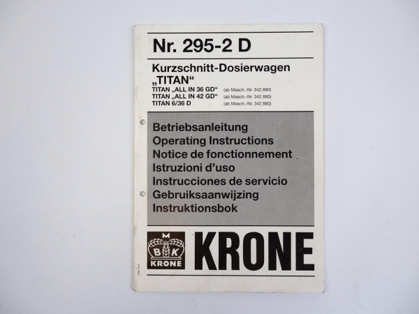 Krone Titan Kurzschnitt-Dosierwagen Betriebsanleitung Wartung 1992