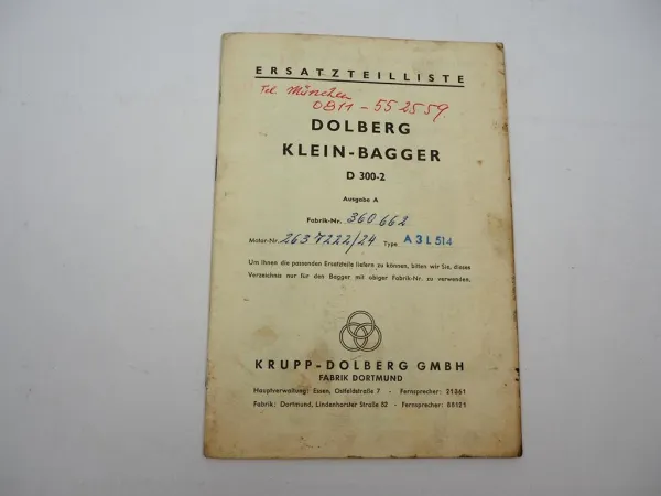 Krupp Dolberg D300-2 Universal Bagger Ersatzteilliste Ergänzung 1960er Jahre