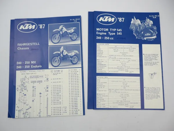 KTM 240 250 MX Enduro Motorrad Ersatzteilliste Faltblatt Chassis Motor 1986