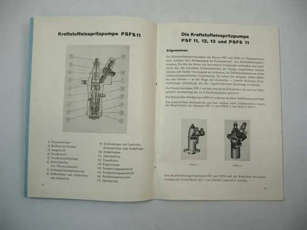 Kugelfischer Schäfer Kraftstoff Einspritzpumpe PSF PSFS Betriebsanleitung 1955