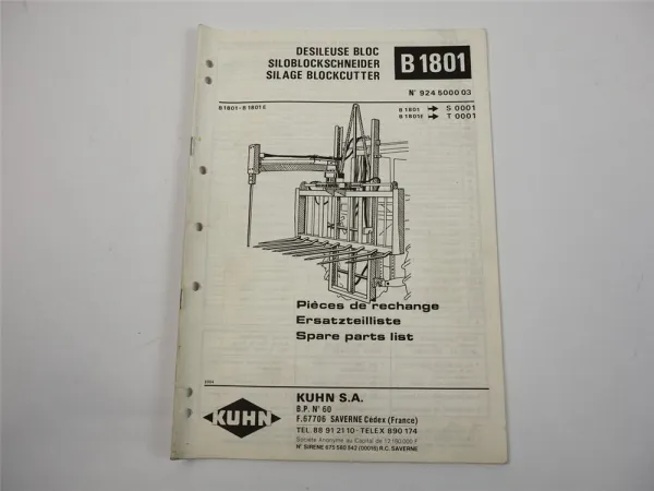 Kuhn B1801 B1801E Siloblockschneider Ersatzteilliste Pieces de Rechange 1989