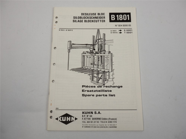 Kuhn B1801 B1801E Siloblockschneider Ersatzteilliste Pieces de Rechange 1993