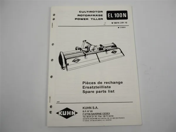 Kuhn EL100N Rotorfräse Ersatzteilliste Parts List Pieces de Rechange 1994
