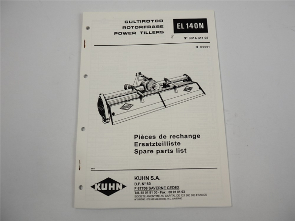 Kuhn EL140N Rotorfräse Ersatzteilliste Parts List Pieces de Rechange 1994
