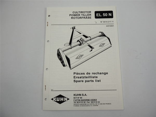 Kuhn EL50N Rotorfräse Ersatzteilliste Parts List Pieces de Rechange 1994