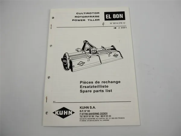 Kuhn EL80N Rotorfräse Ersatzteilliste Parts List Pieces de Rechange 1994
