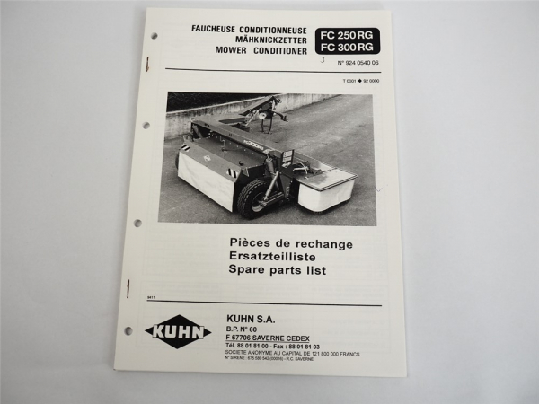 Kuhn FC250RG FC300RG Mähknickzetter Ersatzteilliste Spare Parts List 1994