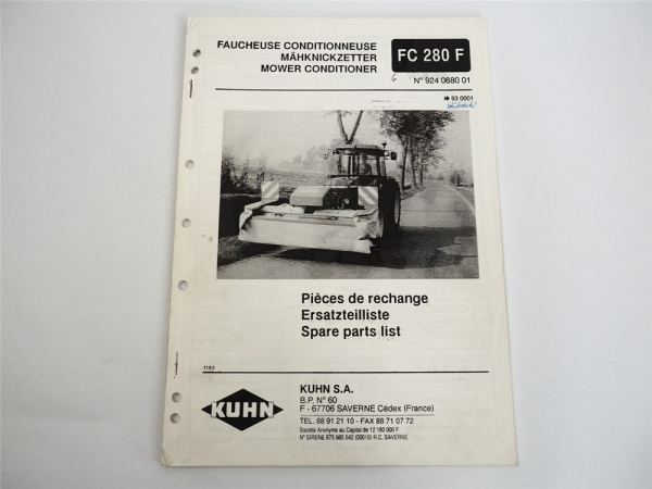 Kuhn FC280F Mähknickzetter Ersatzteilliste Ersatzteilkatalog parts list 1993