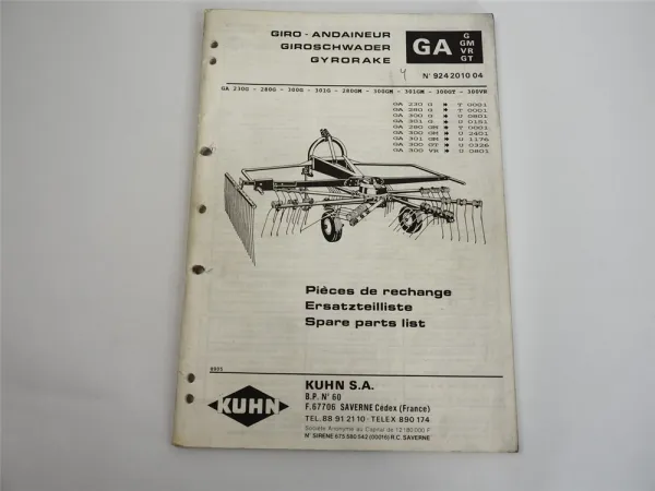 Kuhn GA230G 280G GM 300G GM GT VR 301G GM Giroschwader Ersatzteilliste 5/1989