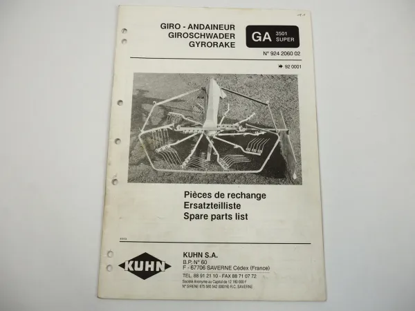Kuhn GA3501 Super Giroschwader Ersatzteilliste Ersatzteilkatalog parts list 1993