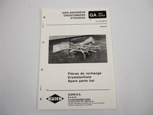 Kuhn GA3501 Super Giroschwader Ersatzteilliste Parts List Pieces de Rechange 94