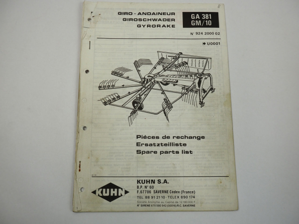Kuhn GA381 GM/10 Giroschwader Ersatzteilliste Parts List Pieces de Rechange 1997