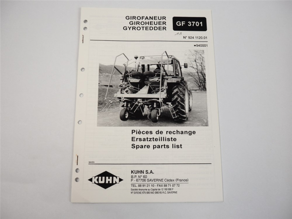 Kuhn GF3701 Giroheuer Ersatzteilliste Parts List Pieces de Rechange 1994