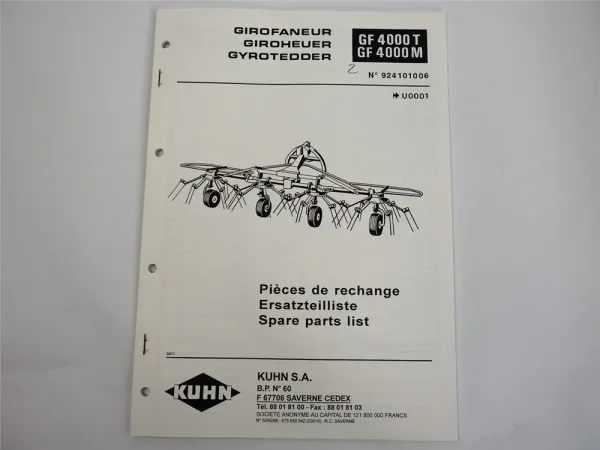 Kuhn GF4000T 4000M Giroheuer Ersatzteilliste Parts List Pieces de Rechange 1994