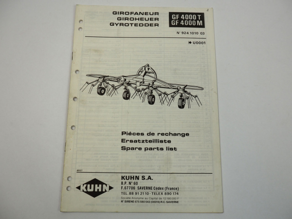 Kuhn GF4000T M Giroheuer Ersatzteilliste Parts List Pieces de Rechange 1988