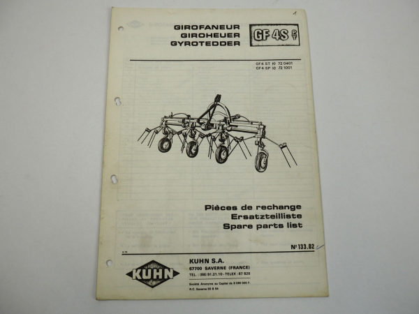 Kuhn GF4S ST SP Giroheuer Ersatzteilliste Parts List Pieces de Rechange 1974