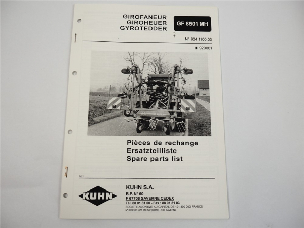 Kuhn GF8501MH Giroheuer Ersatzteilliste Parts List Pieces de Rechange 1994