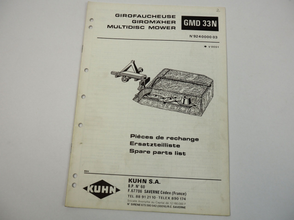 Kuhn GMD33N Giromäher Ersatzteilliste Ersatzteilkatalog parts list 1989