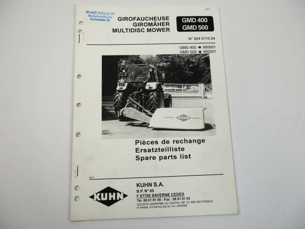 Kuhn GMD400 500 Giromäher Ersatzteilliste Parts List Pieces de Rechange 1995