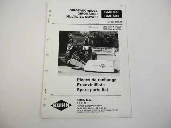 Kuhn GMD400 500 Giromäher Ersatzteilliste Parts List Pieces de Rechange 1996