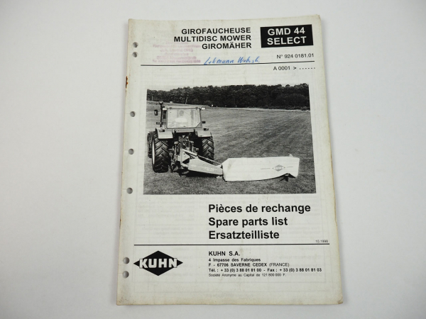 Kuhn GMD44 Select Giromäher Ersatzteilliste Parts List Pieces de Rechange 1998