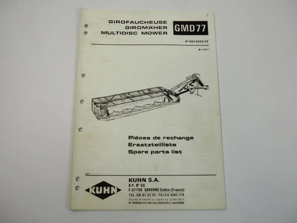 Kuhn GMD77 Giromäher Ersatzteilliste Ersatzteilkatalog parts list 1989