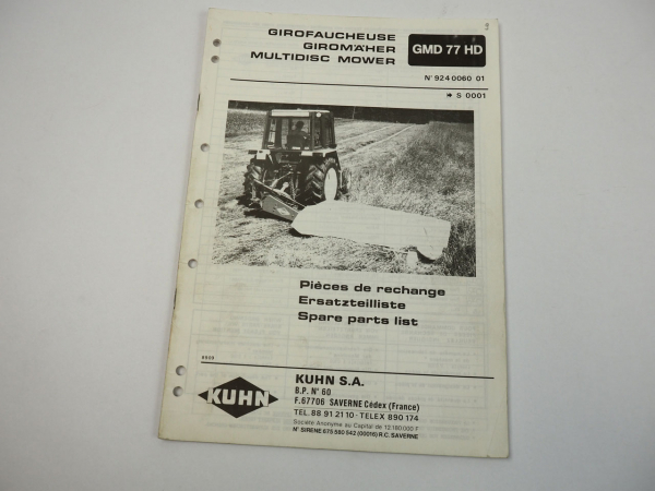 Kuhn GMD77HD Giromäher Ersatzteilliste Ersatzteilkatalog parts list 1989,