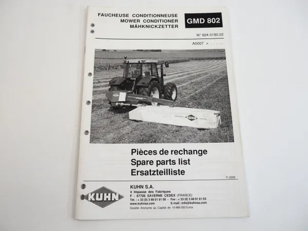 Kuhn GMD802 Mähknickzetter Ersatzteilliste Spare Parts List 2003