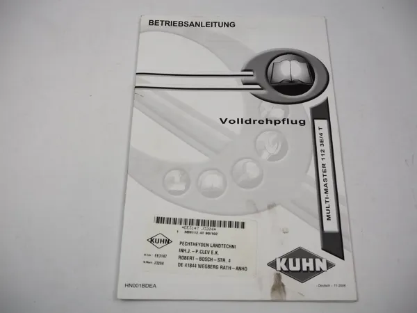 Kuhn Multi Master 112 3E 4T Volldrehpflug Betriebsanleitung 2006