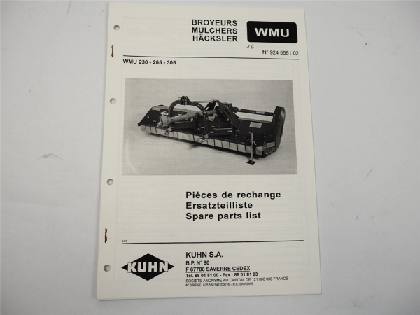Kuhn WMU 230 265 305 Häcksler Ersatzteilliste Parts List Pieces de Rechange 1994