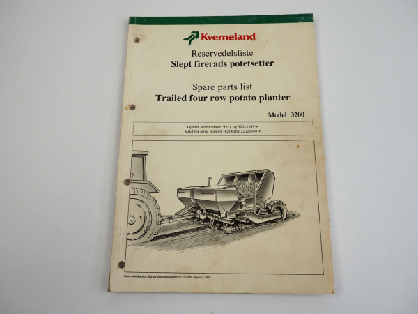Kverneland 3200 Potato planter Spare Parts List Ersatzteilliste 1995