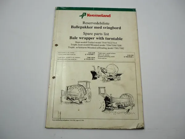 Kverneland 7510 - 7582 Bale Wrapper Ersatzteilliste Spare Parts List 1994