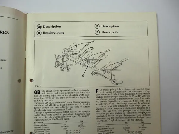 Kverneland Modell VD Volldrehpflug Betriebsanleitung Ersatzteilliste 1990/91