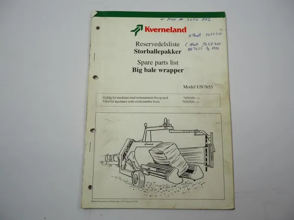 Kverneland UN7655 Big Bale Wrapper Ersatzteilliste Spare Parts List 1998