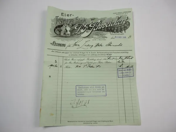 L. F. Schweickert Eier Teigwaren Fabrik Alzey Rheinhessen Rechnung 26.Nov. 1906