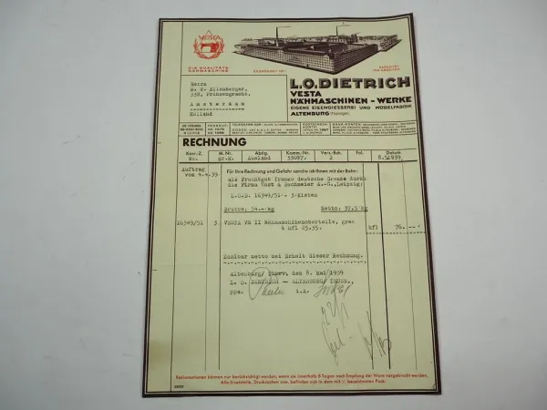 L. O. Dietrich Vesta Nähmaschinen Werk Altenburg Rechnung 1939