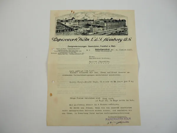 L. u. J. Steinberg AG Papierwerk Köln Geschäftsbrief 1937