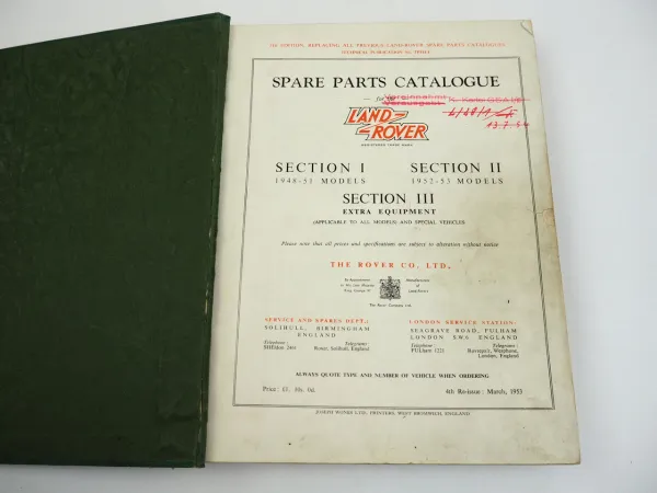 Land Rover Series I Spare Parts Catalogue Ersatzteilliste 1948 - 1953