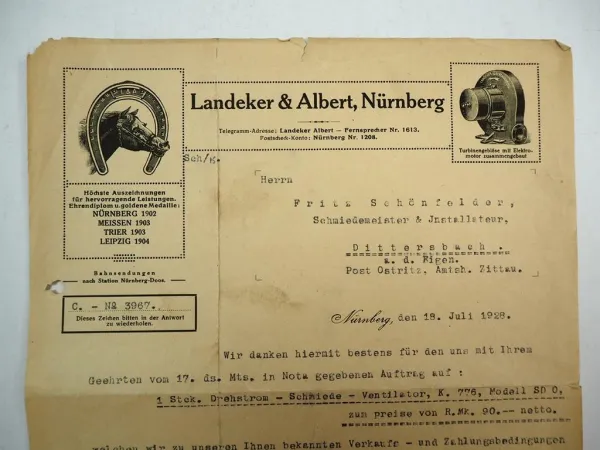 Landecker & Albert Nürnberg Firmenbrief 1928