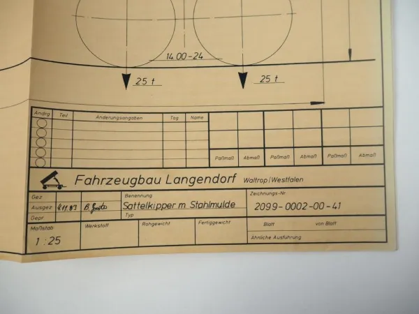 Langendorf Sattelkipper mit Stahlmulde Technische Zeichnung Bonness 1983