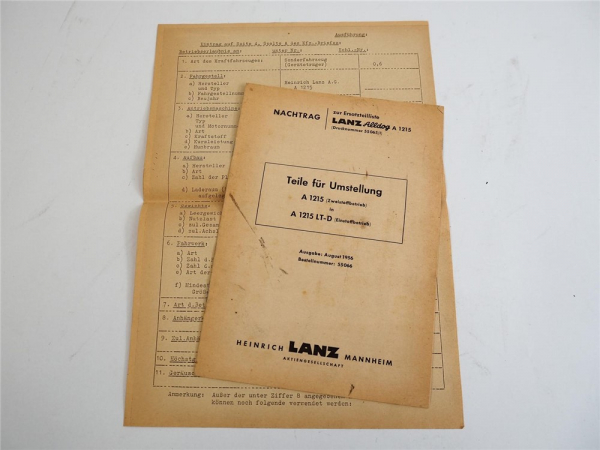 Lanz Alldog A1215 Ersatzteilliste für Umstellung auf LT 85D Einstoffbetrieb 1956