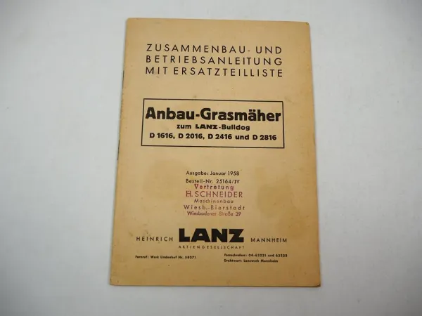 Lanz Anbau Grasmäher f. Bulldog D 1616 2016 2416 2816 Betriebsanleitung ETL 1958