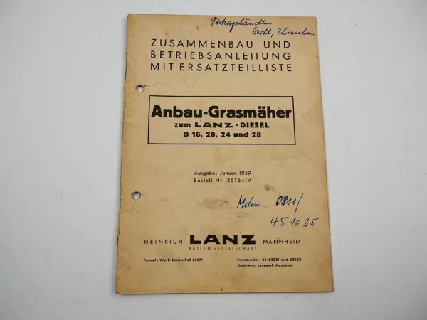 Lanz Anbau Grasmäher f. Bulldog D 1616 2016 2416 2816 Betriebsanleitung ETL 1959