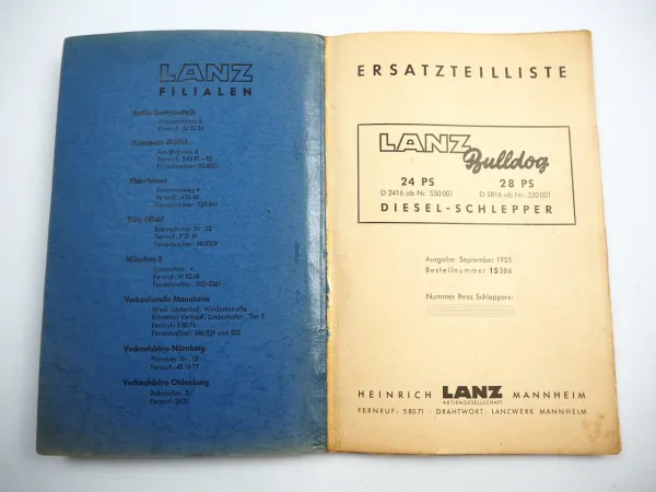Lanz Bulldog D2416 24 PS D2816 28 PS Ersatzteilkatalog Ersatzteilliste 1955