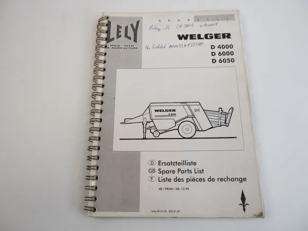 Lely Welger D 4000 6000 6050 Packenpresse Ersatzteilliste Spare Parts List 1995