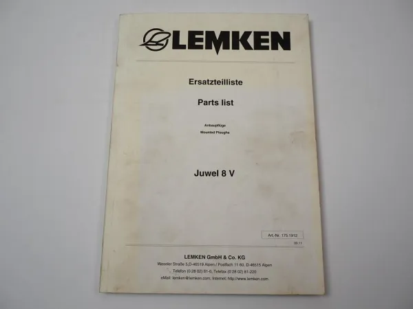 Lemken Juwel 8 V Anbaupflug Ersatzteilliste Spare Parts List 2011